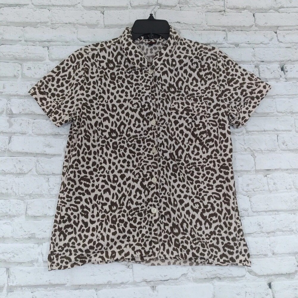 J Crew Womens Pajama Top Small Brown Leopard Print Safari Sleep Wear Pocket